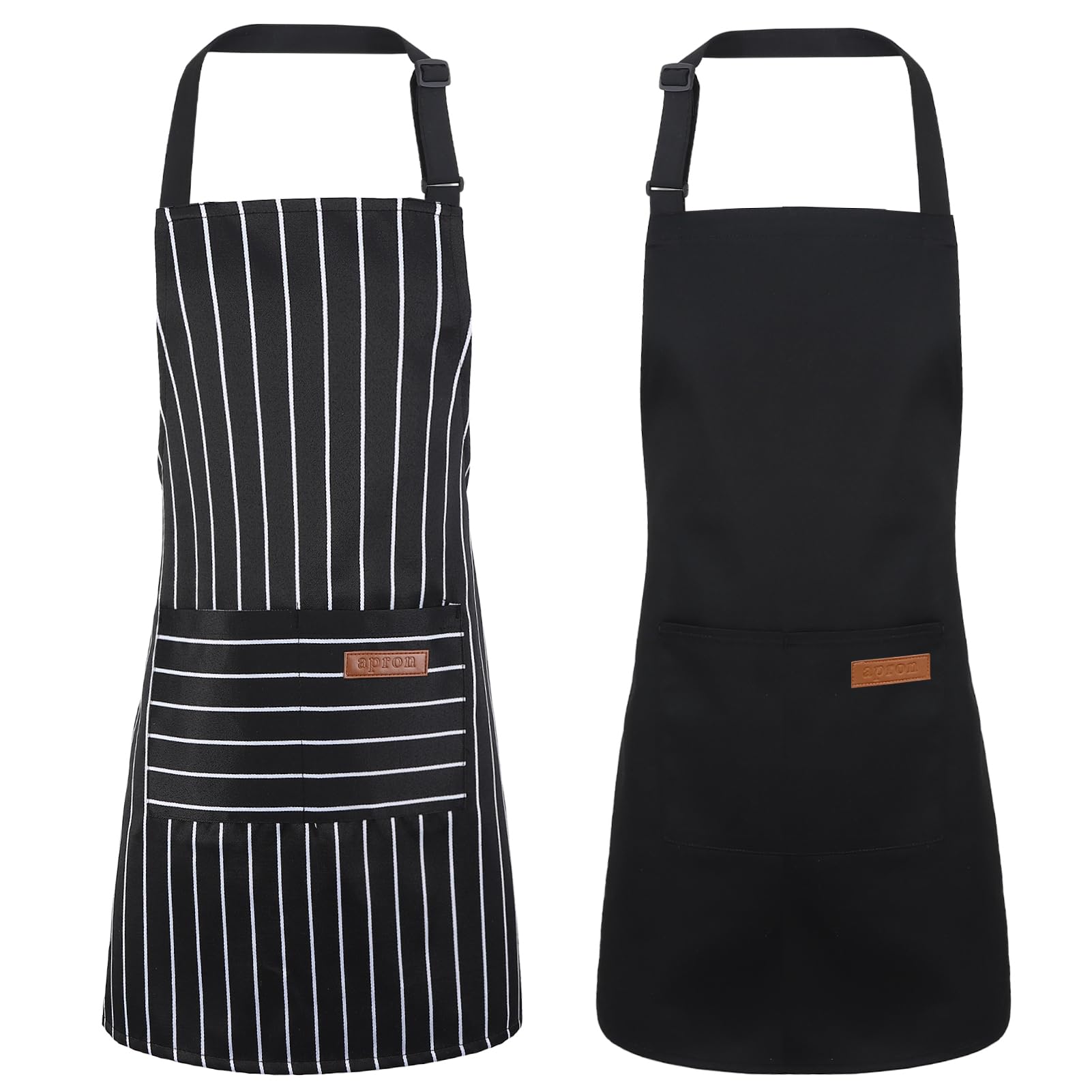 ViEinkaufen 2 Pack Striped Chef Apron for Kids, Adjustable Polyester Cotton Apron with Pockets, Children's Apron for Cooking, Baking and Painting, Boys and Girls (M, Black)