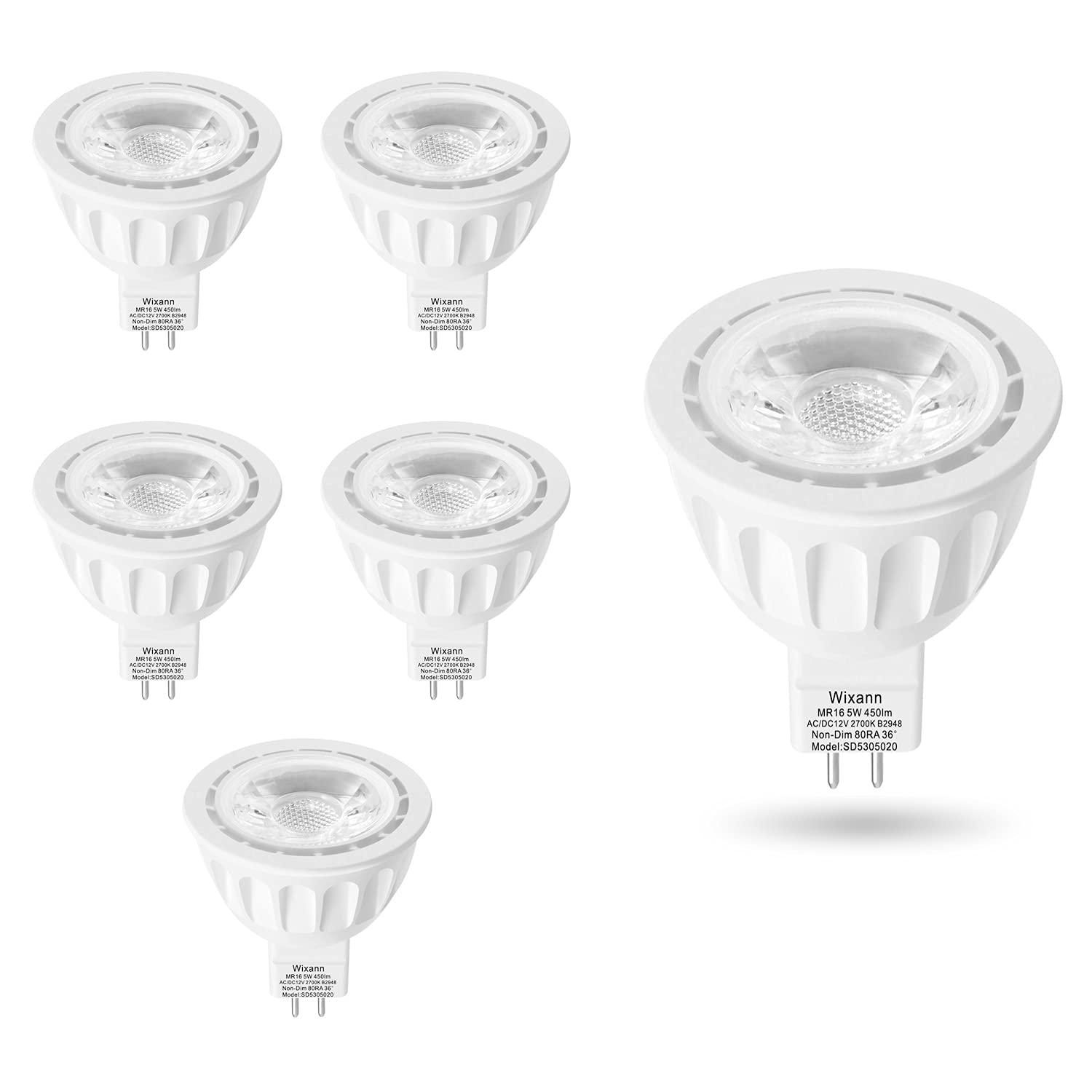 MR16 LED Bulb 50W Halogen Equivalent, 5W 12V 2700K Soft Warm White, GU5.3 Bi-Pin Base, 40 Degree Spot Lighting for Indoor/Outdoor Landscape Track Bulbs-Not Dimmable (6 Pack)