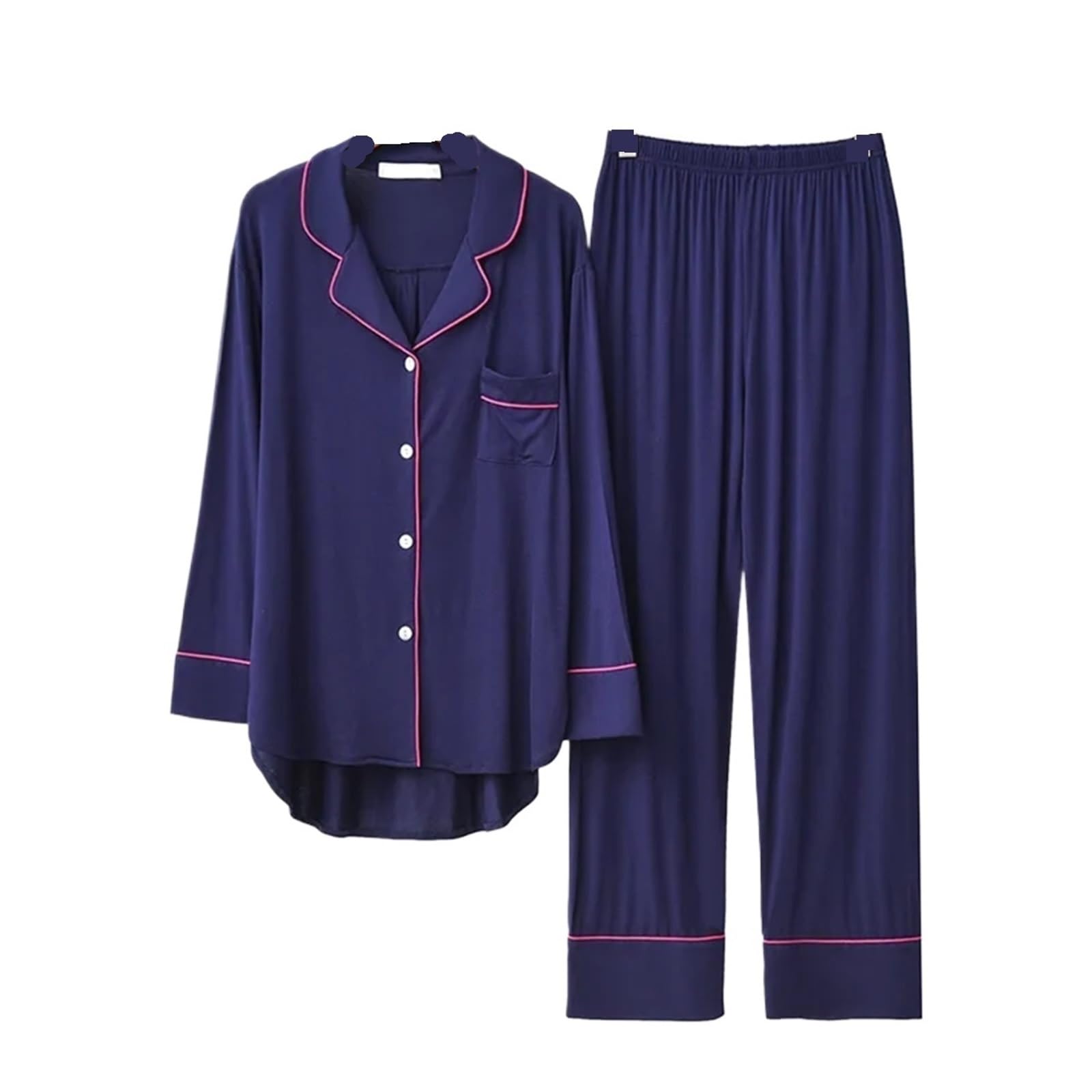 Pijamas para Mujer Conjuntos de Pijamas de Manga Larga for Mujer, Traje Liso Holgado, Transpirable y Suave, Ropa de casa cómoda(Dark Blue,M)