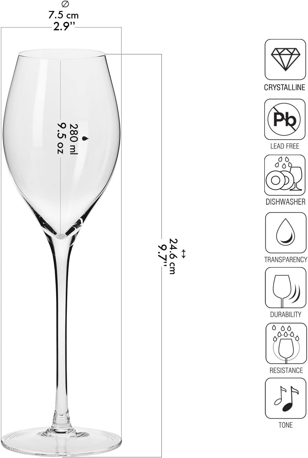 Krosno Large Prosecco Champagne Sparkling Wine Flutes, Set of 6, 9.4 fl oz, Rounded Shape for Ideal Bubbles, Dishwasher Safe, Made in Europe - Image 2