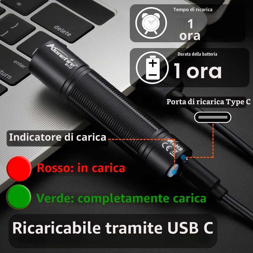 Alonefire SV127 Torcia UV LED Piccolo Professionale 395nm USB C Ricaricabile Mini Lampada Ultravioletti per Resina, Pesca, Fluoresceina, Rilevatore di Urina,Minerali con Batteria Incorporata
