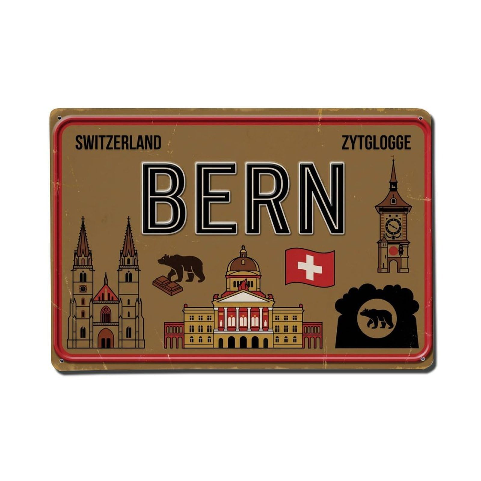 Cxhjca 8X12inch(20X30cm) Vintage Travel Bern Switzerland Bears Cathedral Metal Tin Sign