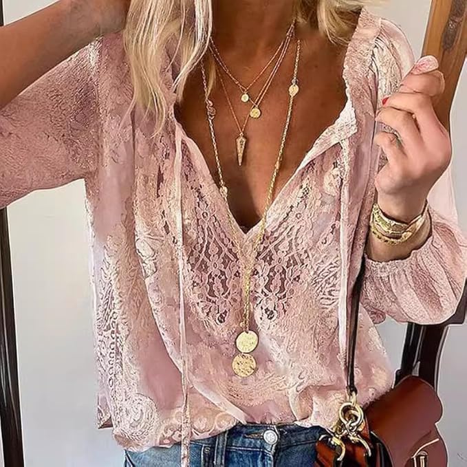 Lace Tops for Women Long Sleeve Tie Front Tops V Neck Floral Lace Crochet Blouse Shirts Hollow Out Western Shirts - Image 3