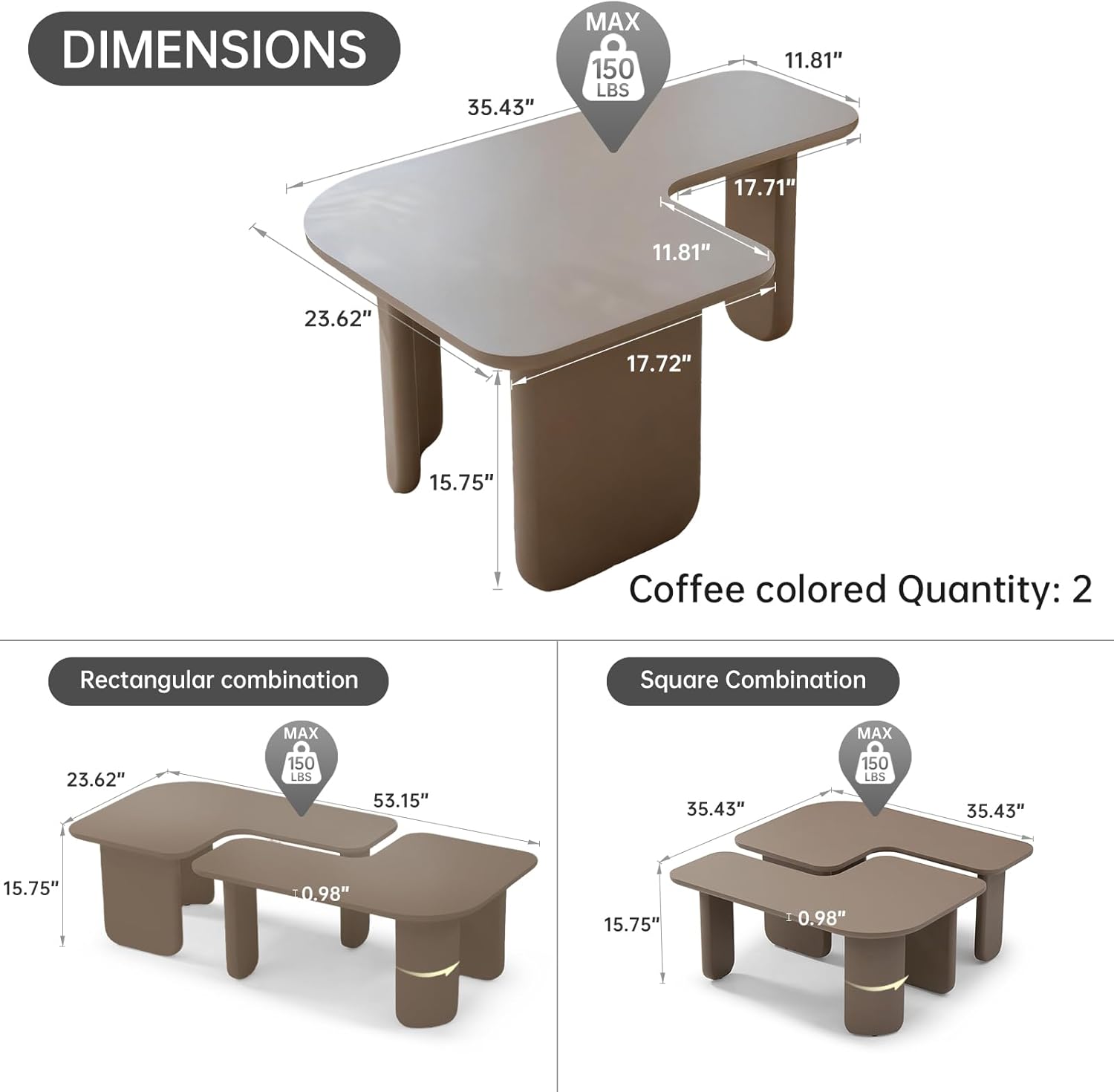 2-Piece Modular Coffee Table Set, Modern Rectangular Free-Combination Center and Side Tables, Multi-Layer Lacquer Finish, Space-Saving Tables for Living Room Sofa or Corner, Brown