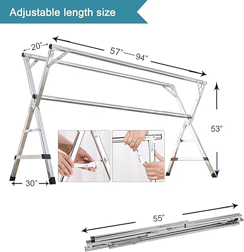 Miniatura 3 de Percheros de secado de ropa, acero inoxidable resistente con 20 ganchos resistentes al viento para el balcón interior o exterior, longitud ajustable