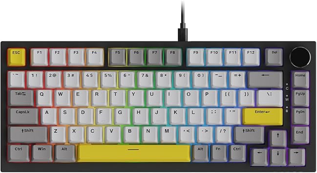 AJAZZ AK820 75% Wired RGB Gasket Mechanical Keyboard with Volume Knob, Compact 82 Keys Hot Swap Keyboard, OME Profile PBT Key Cap, Detachable Type-C Cable Gray & Yellow