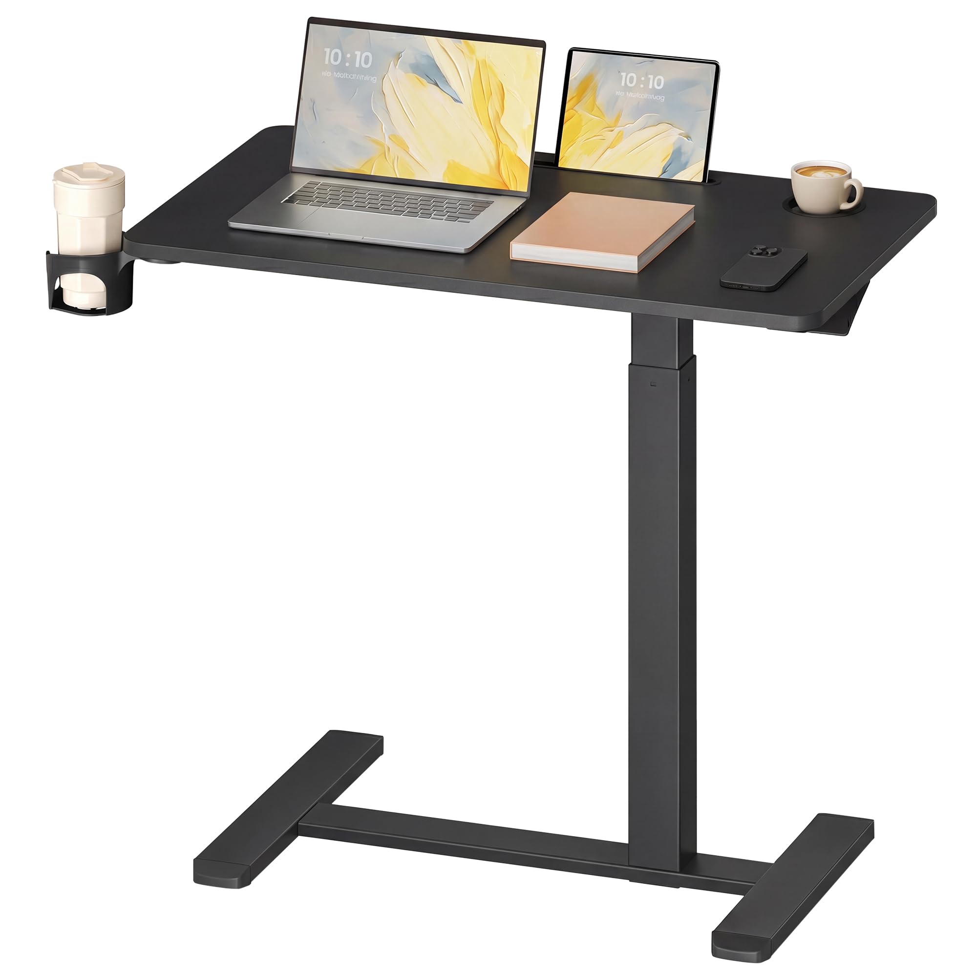 VASAGLE Overbed Table with Wheels, Small Standing Desk, 80 x 45 cm Tabletop, Adjustable Height, 2 Cup Holders, Phone and Tablet Slot, Matte Black LSD601BZ01