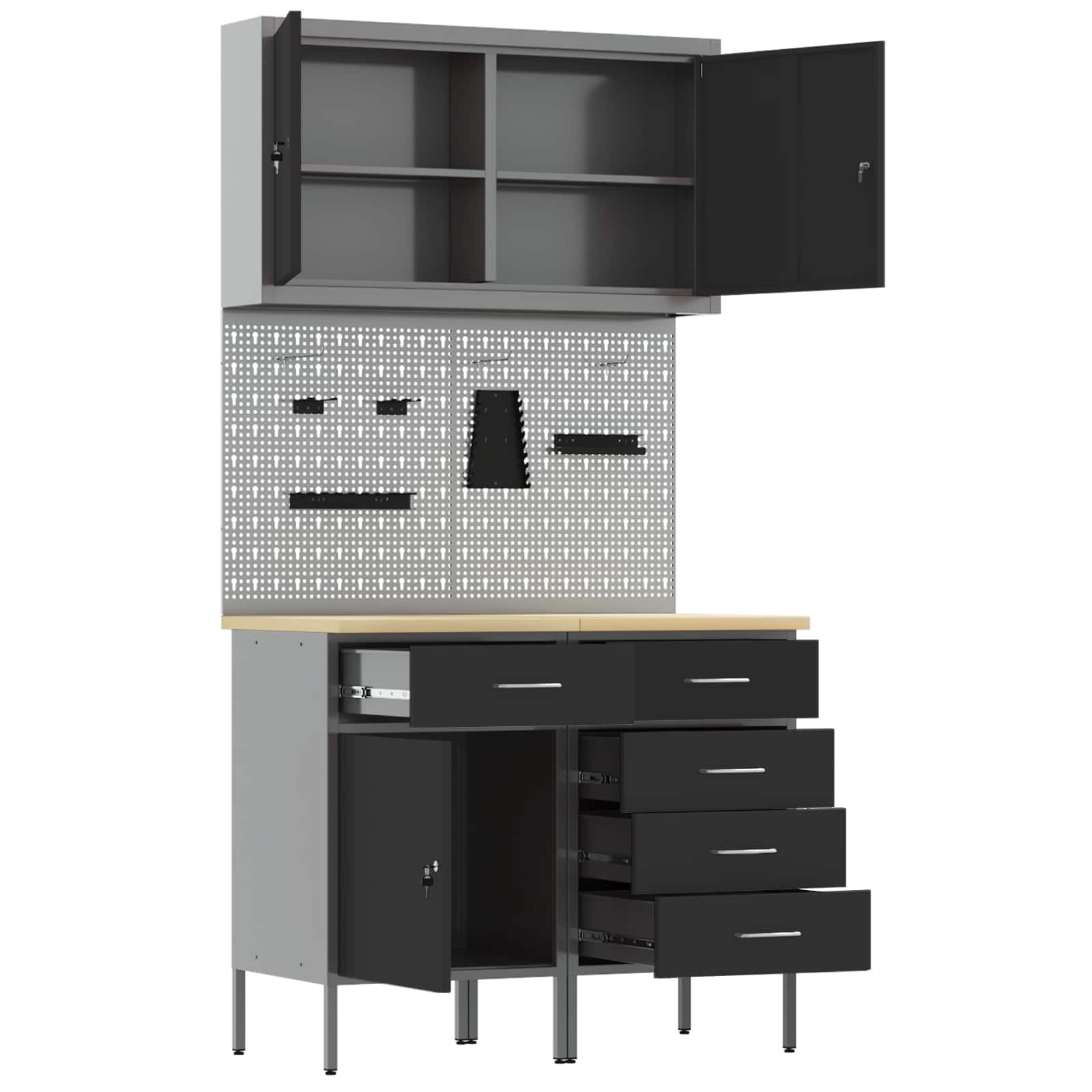 Werkbank mit Schubladen, Werkzeugschrank für Werkstatt und Garage, Ingenieure Holz und Stahl, 5 Teile Set, 100 x 55 x 200 cm, für Bohrer, Schrauben und Zubehör