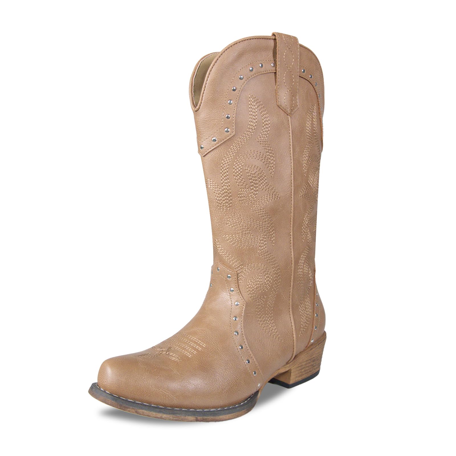 Cowboy Boots For Women Rivet Vintage Elements Mid-Calf Cowgirl Boots Square Toe Chunky Heel Embroidery Stitched Western Boots