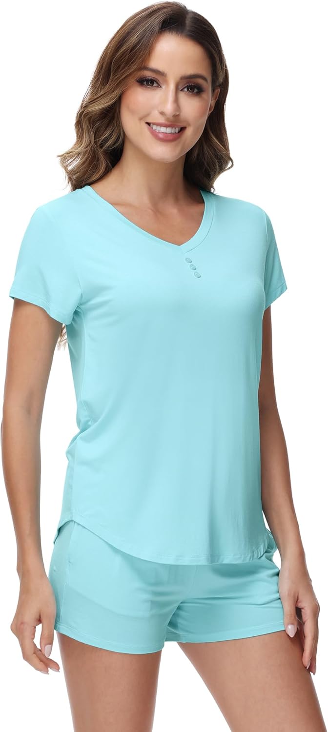 WiWi Pajamas for Women Bamboo Viscose V-neck Pajama Sets Soft Short Sleeve Nightwear with Pockets S-XXL - Image 3