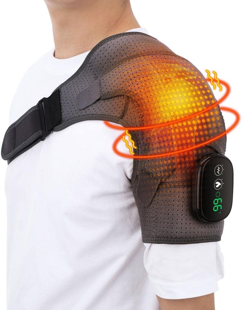Massage Heating Shoulder Brace, Heating Pad with 3 Vibration Temperature Settings, Adjustable Bracket with LED Display