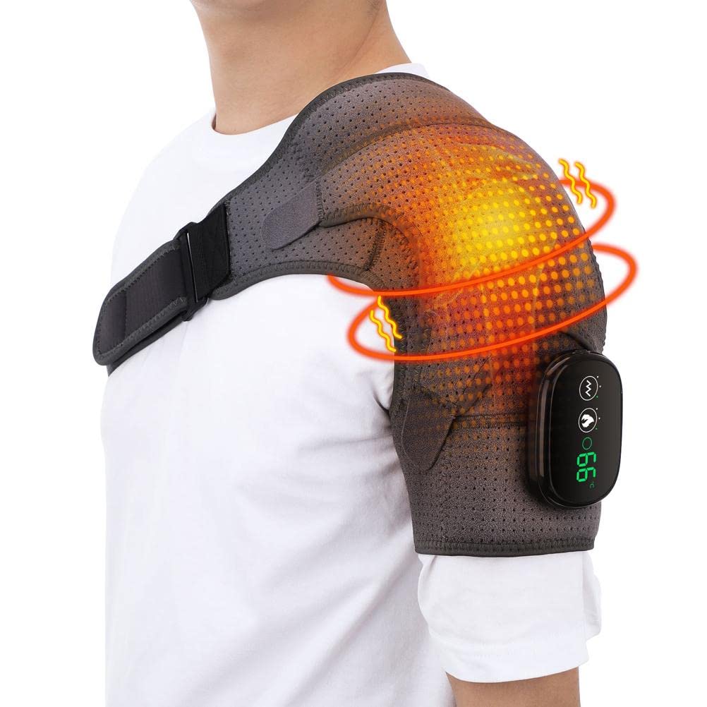 GonetreMassager Heating Shoulder Wrap Heated Pad with 3 Vibration Temperature Settings Adjustable Brace with LED Display
