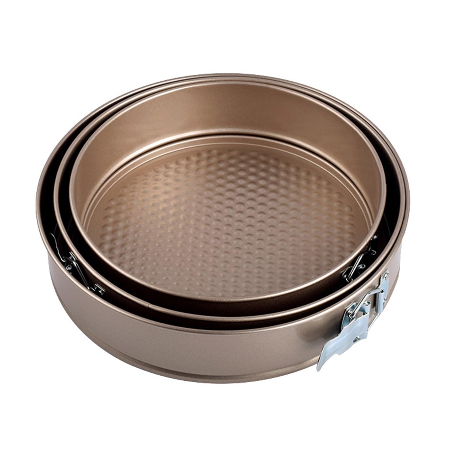 Backform für Kuchen Set mit 3 goldenen, antihaftbeschichteten, runden Kuchenformen mit Schnalle und Mousse-Kuchenring, 24 cm, 26 cm, 28 cm