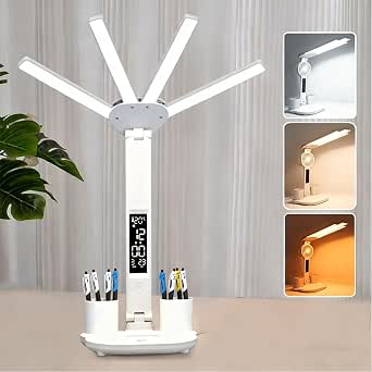 LED Desk Lamp with Clock, Foldable Study Lamp, Dimmable, Eye Caring, 3 Lighting Modes