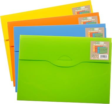 eco-eco A4 50% Recycled Slim Document Box File Folder - Pack of 4 Assorted Colours