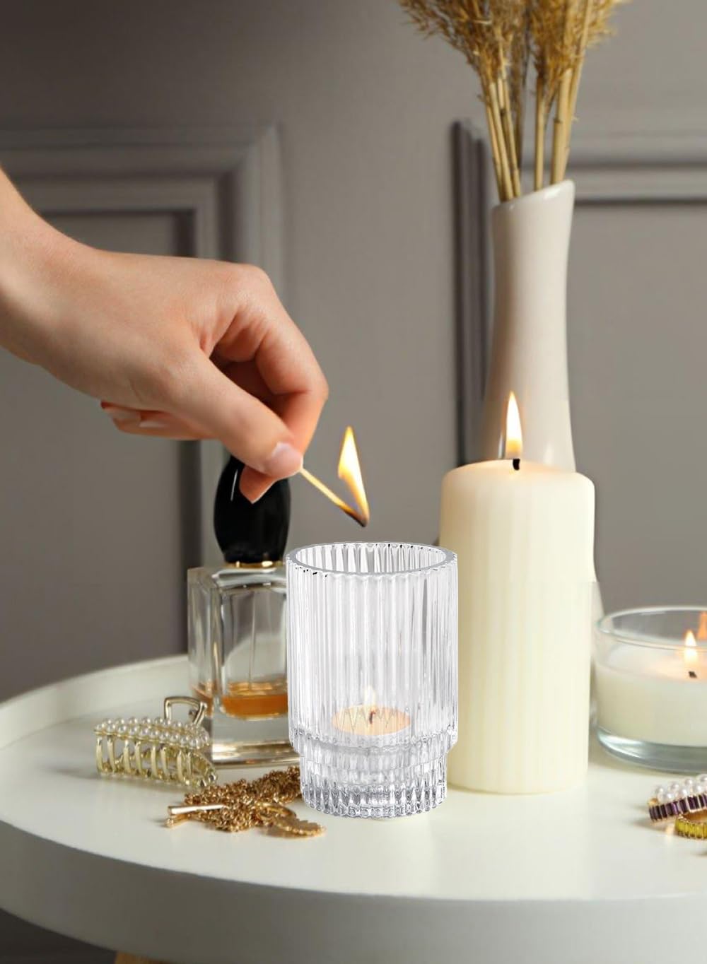 Serene Spaces Living Ribbed Glass Votive Holders – Elegant Pleated Candle Holders for Tea Lights, Votive Candles – Decorative Glass Holders for Home, Weddings, 3.75