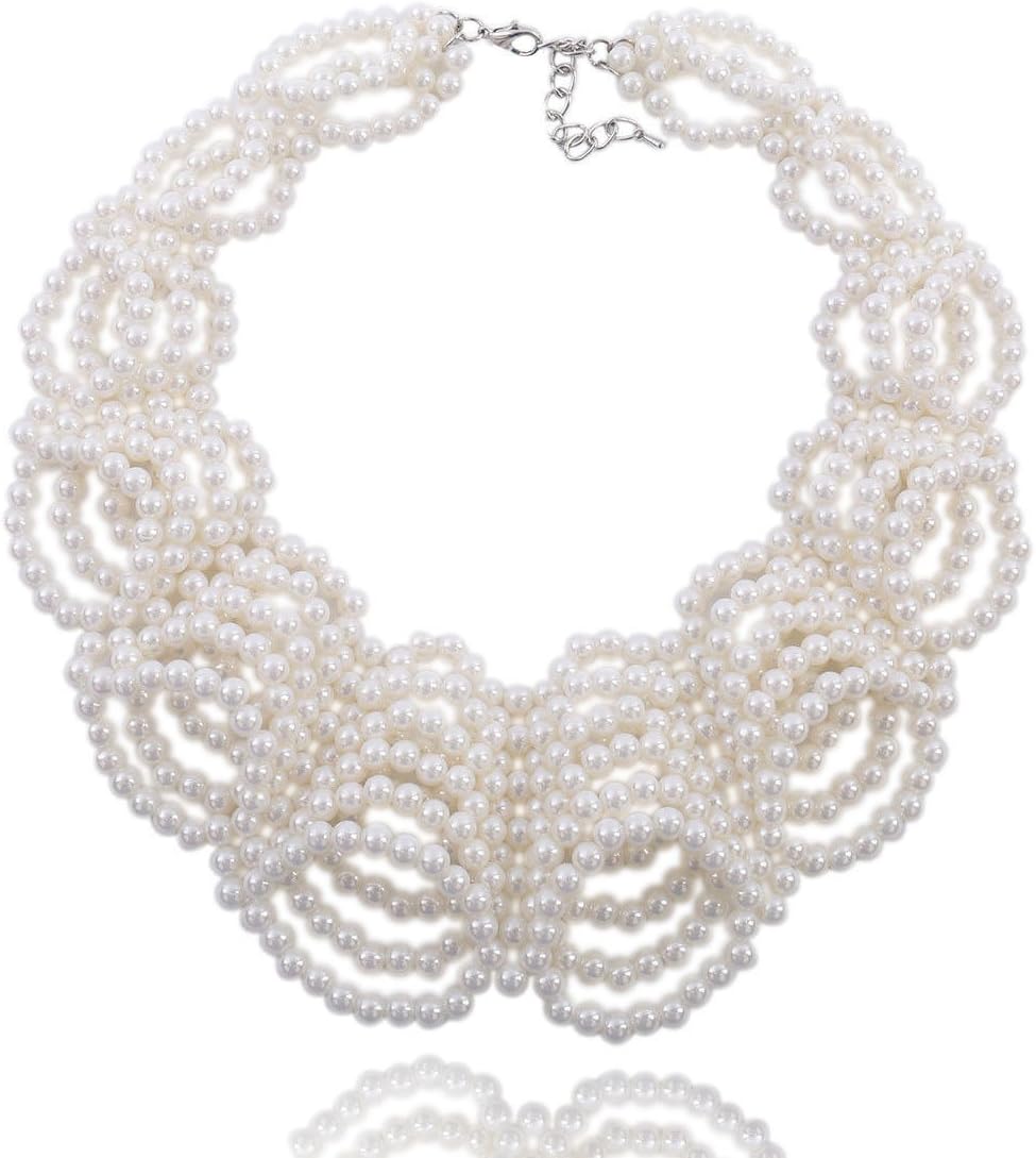 Kalse Handmade Faux Pearl Cluster White Beads Twisted Statement Chunky Bib Choker Necklace