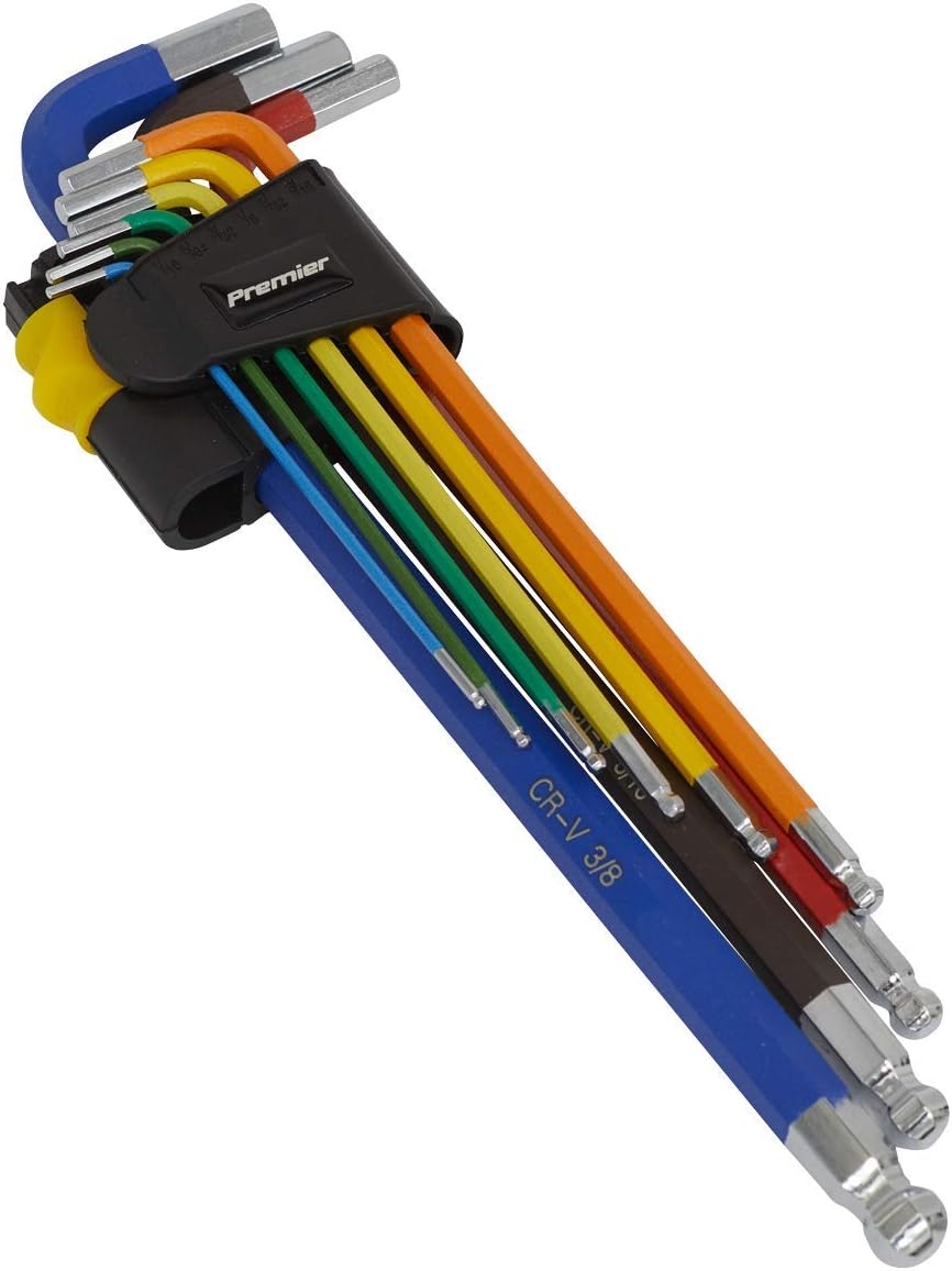 Sealey Premier Colour-Coded Extra-Long Ball-End Hex Key Set - Imperial 9pc - AK7198, Red