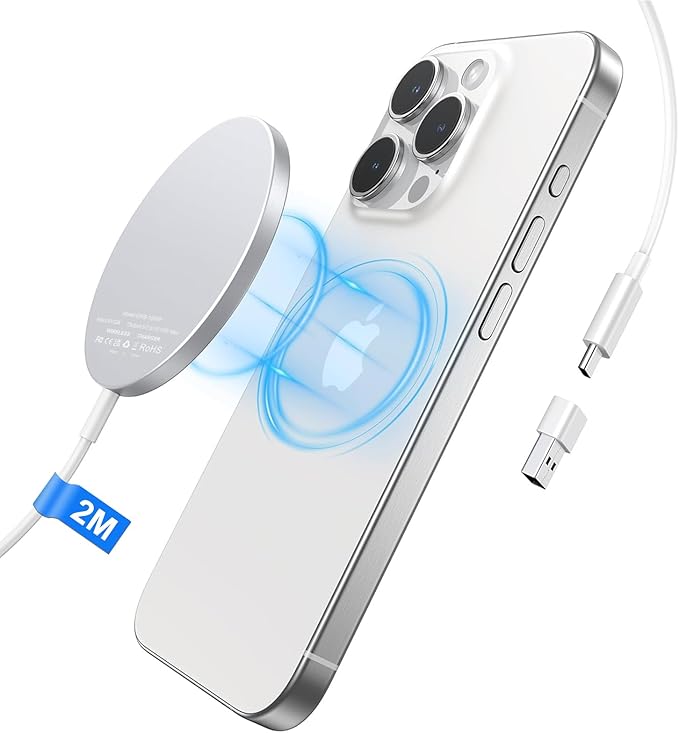 15W Cargador Inalambrico iPhone, 2M Cargador Magnética para iPhone 17/16/16e/16 Pro/16 Pro Max/15/15 Plus/14/13/12/11/AirPods, Cargador Magnética i Phone Carga Rapida Inalámbrico Wireless Apple