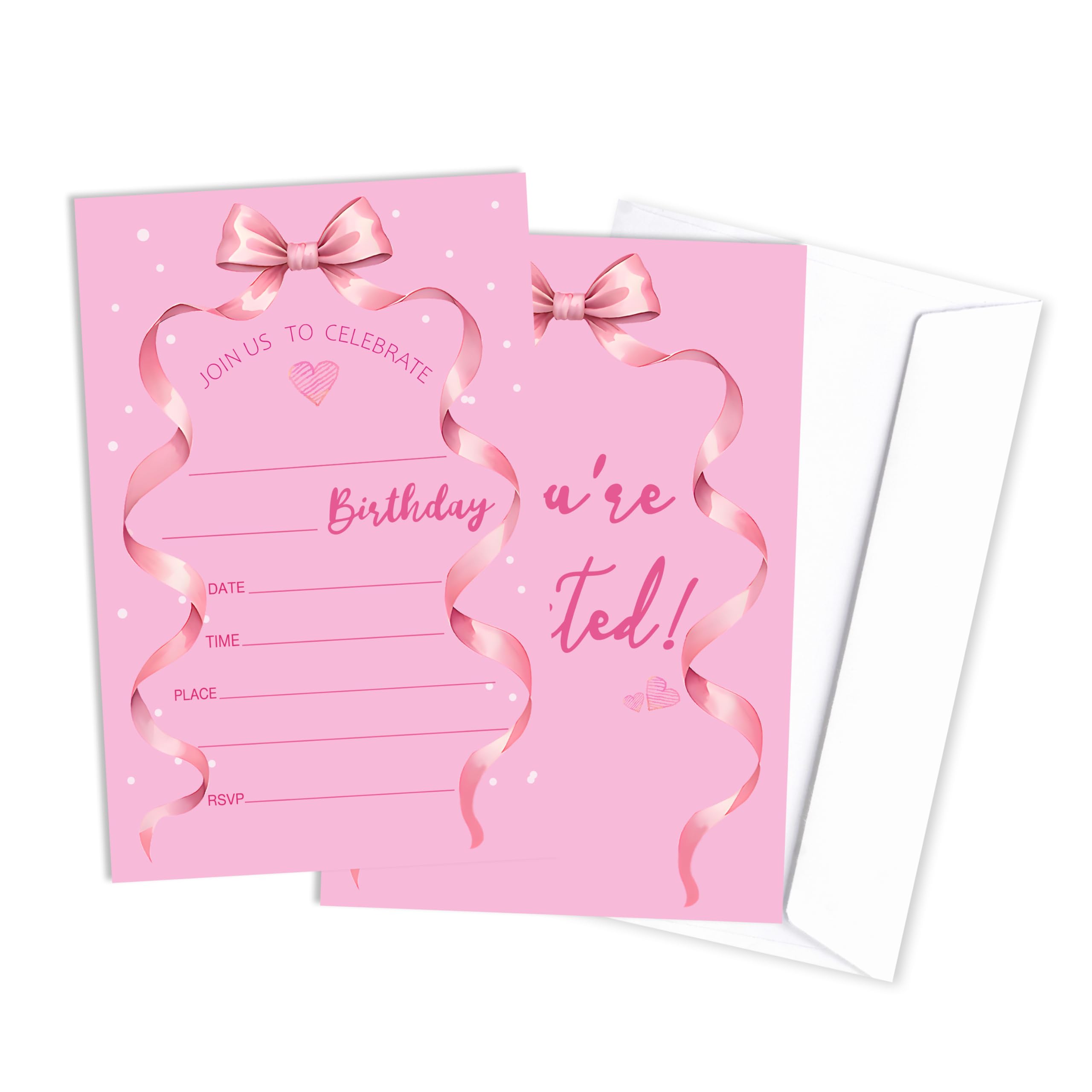 Zcsni Pink Bow Birthday Invites Girl, Pink Bow Ribbon Birthday Invitations Cards, Fill-In Style Birthday Party Invitations With Envelopes (20-Pack),