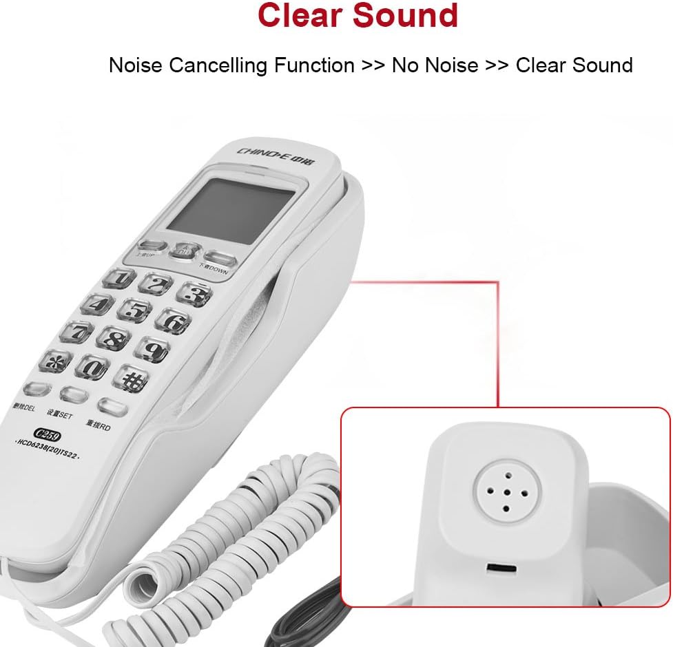 Corded Phone, Wall-Mountable Telephone with Call Display One- Redial Built-in Dial Pad Telephone, White