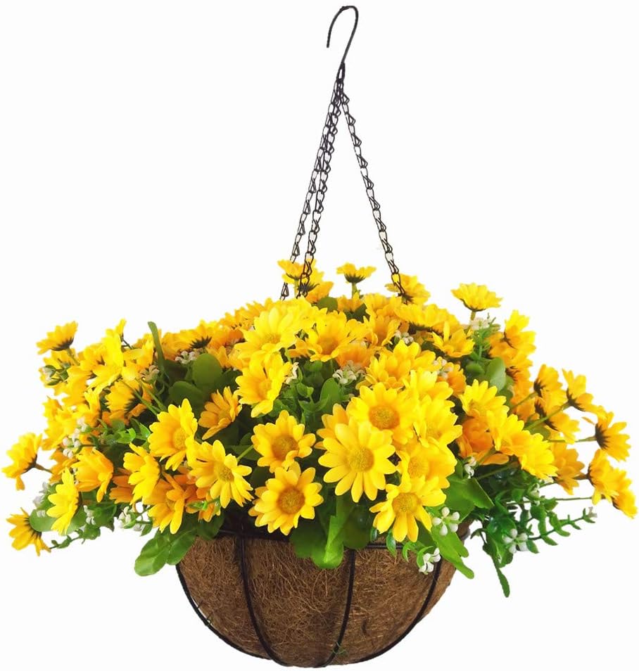 Hanging Silk Small Sunflowers Basket for Indoor Outdoor Home Decoration Hanging Flowerpot with Chain Artificial Small Sunflowers Yellow (Big Basket)