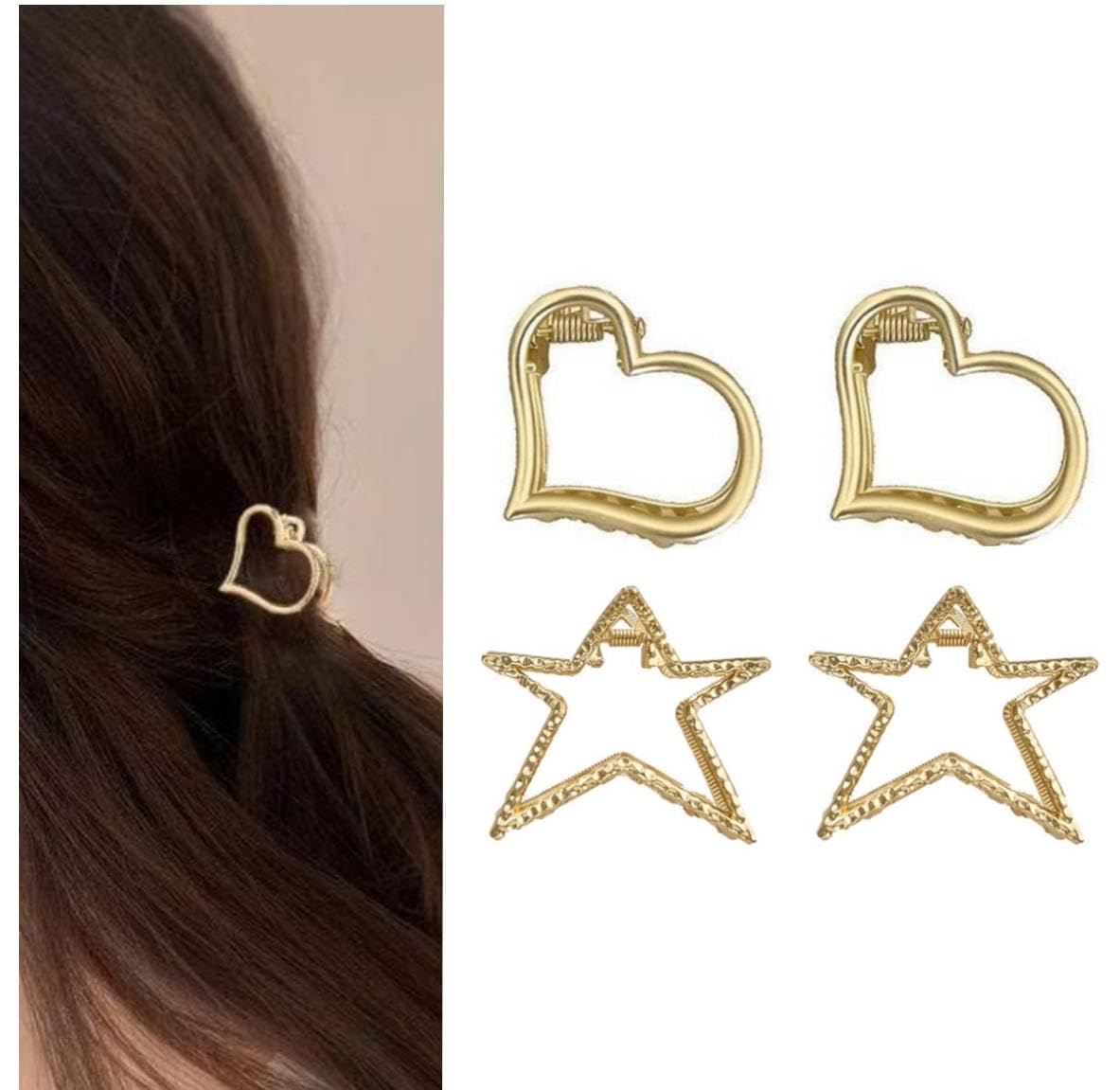 4 Pcs Hair Claws Gold-Colored Metal Small Heart-Shaped & Star-Shaped Hair Clips Suitable for Thick Thin Hair Strong Grip Y2K Style Claw-Shaped Clips Anti-Slip Suitable for Half Tied Hair