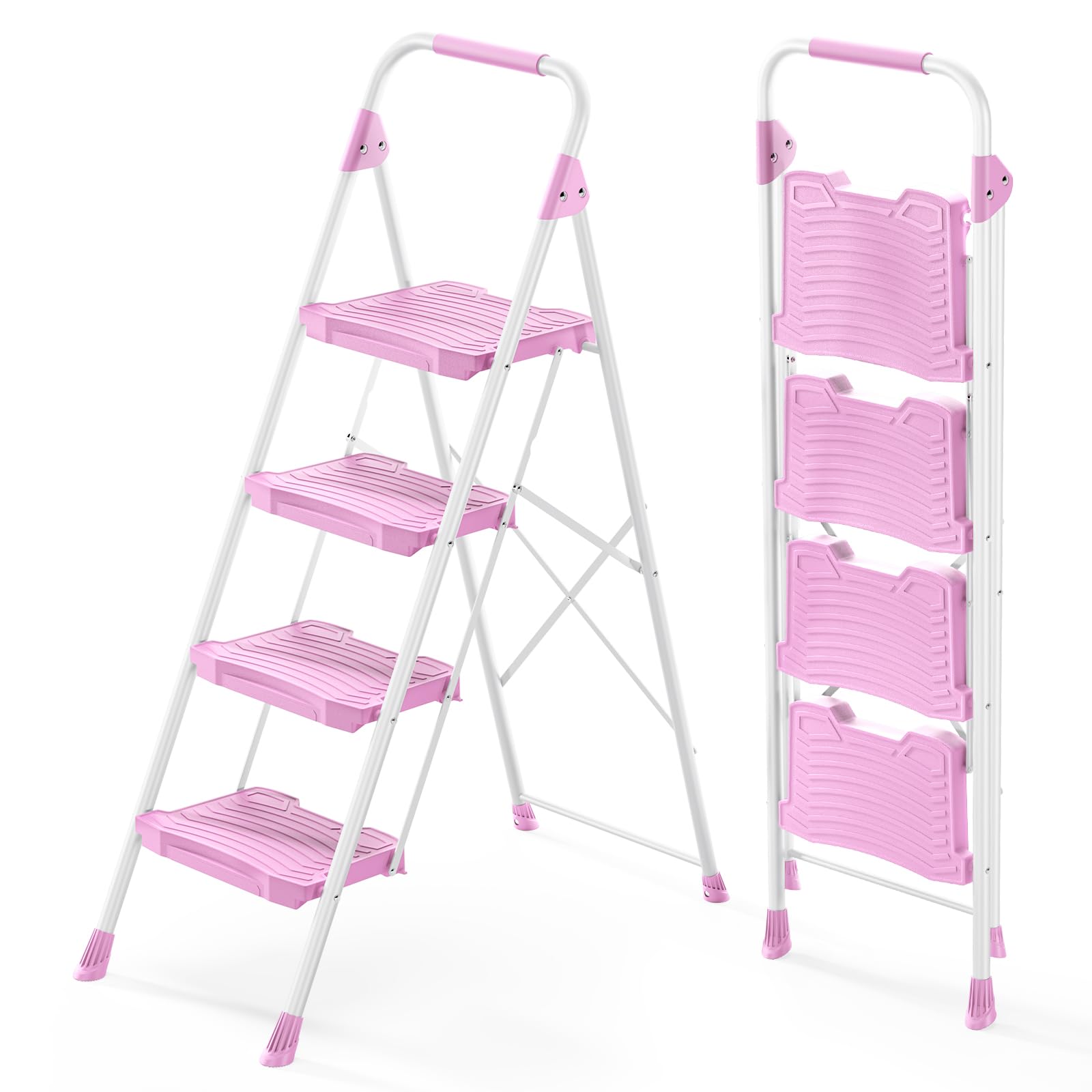 KINGRACK 4 Step Ladder, 900lbs Sturdy Step Stool with Handrail, Anti-Slip Wide Pedals, Foldable Stepladder for Home, Garage, Garden, Household, Pink, Pass 900LBS Testing