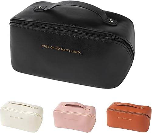 FOXHORSE Bolsa de cosméticos de viaje de gran capacidad, bolsa de cosméticos impermeable de piel sintética con divisores y asa para viajes, regalos