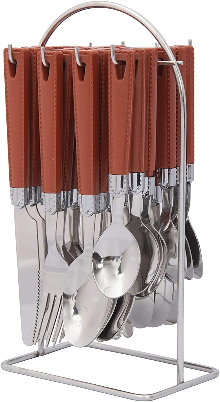 Elegante Ritz Stainless Steel Cutlery Set for Dining Table with Stand - 24 Pcs. (Contains: 6 Dinner Spoons, 6 Dinner Forks, 6 Dinner Knives & 6 Tea Spoons + 1 Stand) (Brown)