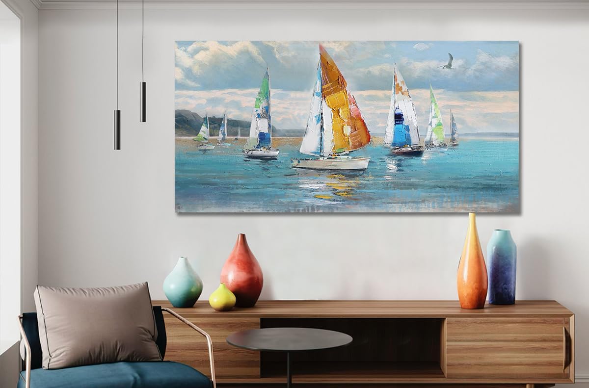 Ardemy Blue Abstract Wall Art Canvas Ocean Sailboat Picture Modern Coastal Painting Large Size Colorful Nautical Textured Framed Artwork for Living Room Bedroom Bathroom Home Office Wall Decor 40"x20" 40L" x 20W" Blue nautical image 5 of 7 B0CK4HVTNB