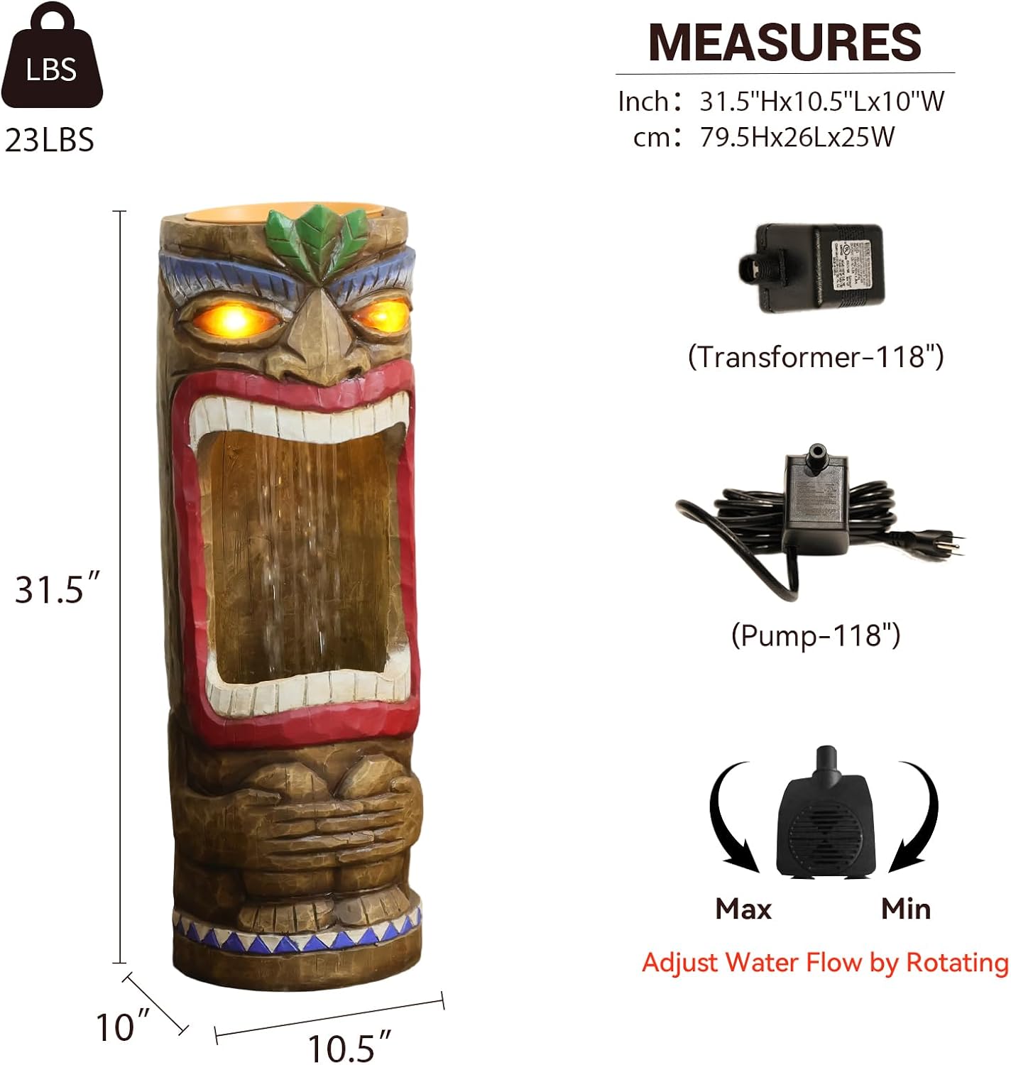 Sunlinua 31H Modern Tiki Water Fountain with LED Light Garden Cascading Waterfall Feature for Indoor or Outdoor Cascading Waterfall for Relaxing Garden Patio Backyard Deck Porch or Bar