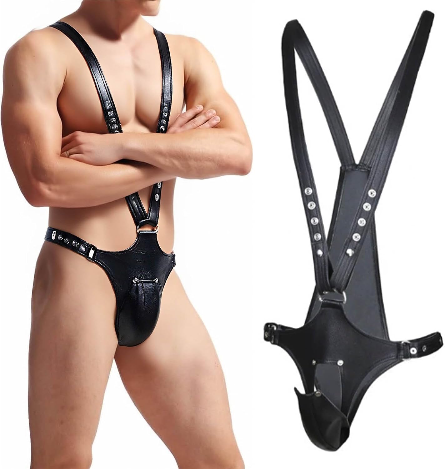 Men's Leather Harness Bodysuit, Black Adjustable Chest Belt with Thong, One Size, Adult Exotic Underwear for Clubwear