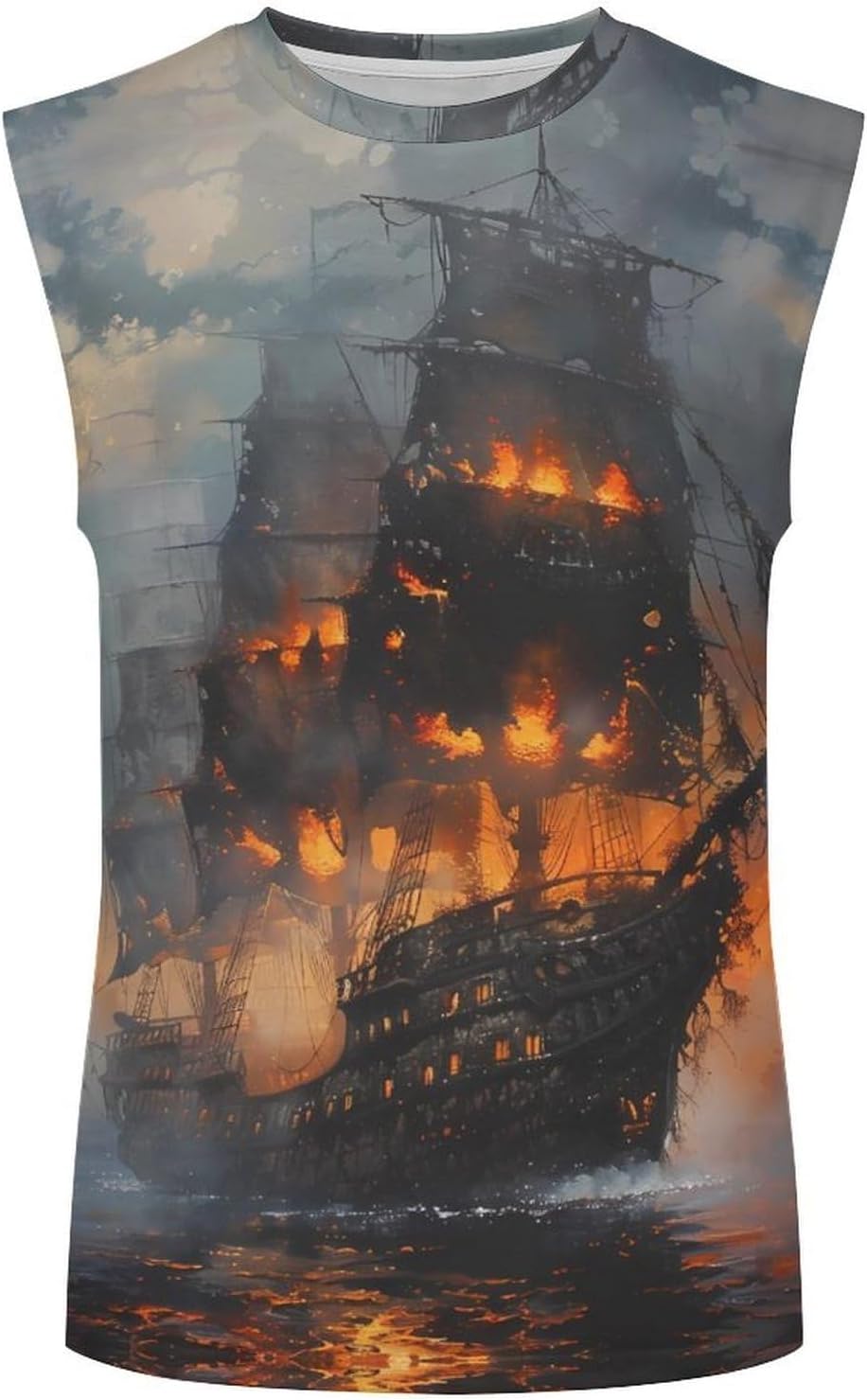 Burning Pirate Ship Men Summer Sleeveless Crew Neck Top 5XL