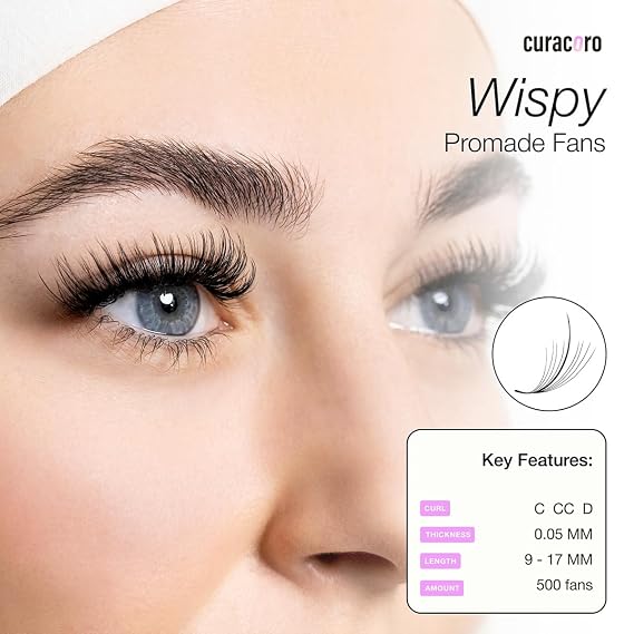 Curacoro Promade Wispy 500 Fans 9D Volume Lashes 0.05 D Curl 15mm