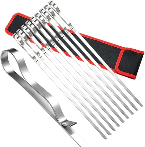 Metal Skewers,10 Pcs,16.8 inch Long Kebab Skewers for More Meat or Vegetabels, Easy Clean,with A Storage Pouch,for BBQ skewers in The Garden or Outdoors (Size 2)