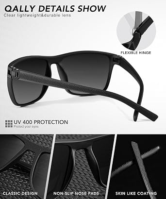Polarized Sunglasses for Men Lightweight Square UV400 Protection Black Medium