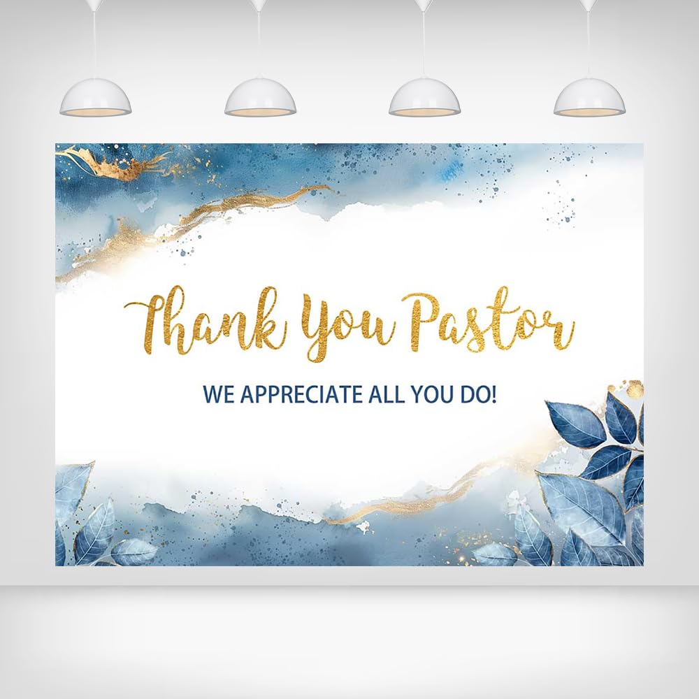 Printspree Thank You Pastor Backdrop - 7x5ft Pastor Appreciation Day Decorations Watercolor Blue Gold Appreciation Banner for Church Events