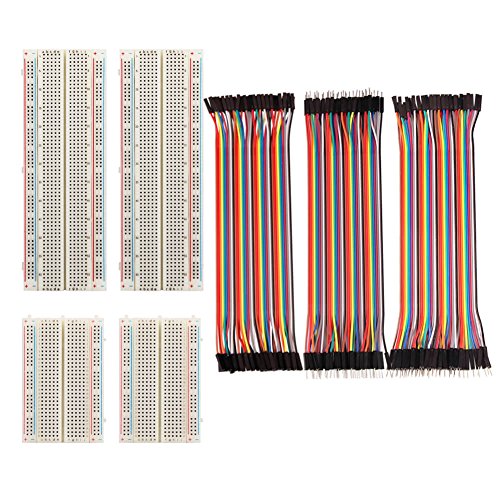 Paxcoo 4 Pieces Breadboards Kit with 120 Pieces Jumper Wires for Arduino Proto Shield Circboard Prototyping