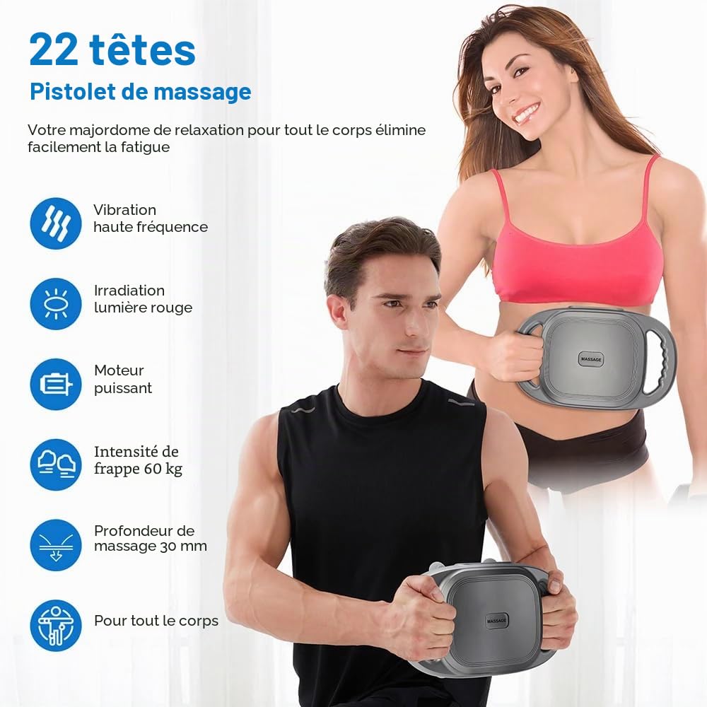Pistolet de Massage Professionnel à 22 Têtes, Pistolet de Massage pour Massage Musculaire, 9 Modes & 9 Vitesses, pour Jambes, Bras, Taille, Dos, Fesses et Corps Entier (Gris)
