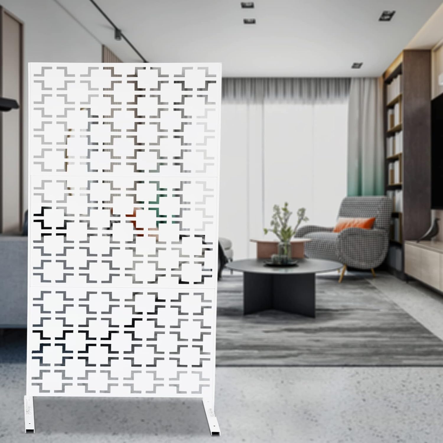 Outdoor Privacy Screen, 75" H x 35" W Metal Patio Privacy Screen with Stand, Freestanding Privacy Fence Panels for Patio, Garden, Indoor, White Grids Pattern, 3 Panels
