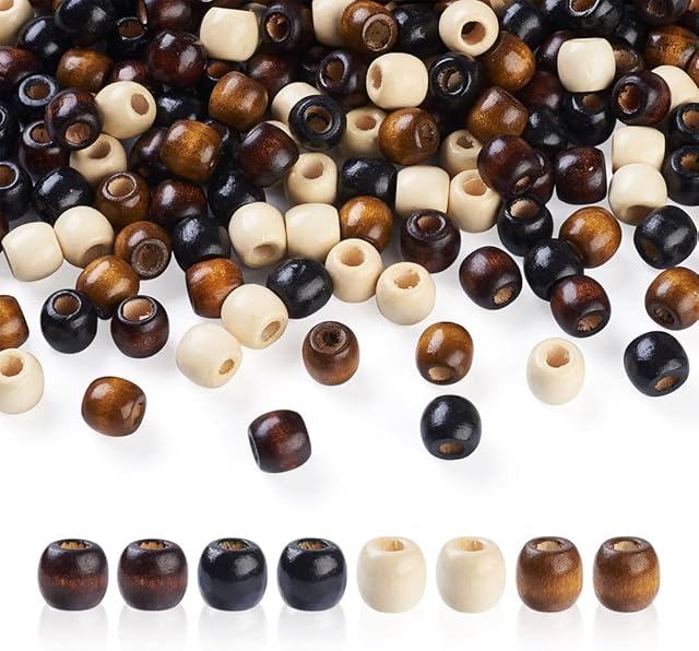 Craftdady 400Pcs Large Hole Wood Beads Dreadlock Hair Braid Beads 4 Colors Oval Barrel European Wooden Spacers for Macrame Bracelet Making Hole: 3~5mm