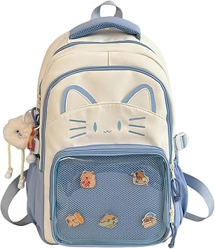 Kawaii Cat Bag Backpack, Women Casual Cat Backpack With Pendants and Badges,Cute Transparent Y2k Style Backpacks with Cat Print for Girls Cute School Bag for Teenage College Primary Secondary Blue