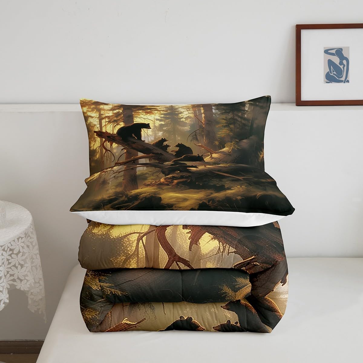Castle Fairy Warm Bear Family Full Size Comforter Set,Wild Animals Bedding Set for Adults Teens,Children Cute Bear Baby Comforter Luxury Tree Leaf Quilt Set Room Decor 3Pcs