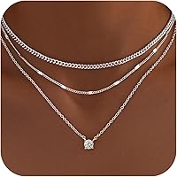 WomenGifts Layered Necklace Set for Women: Sterling Silver Plated Cuban Choker, CZ Pendant, Adjustable Stackable Non-Tarnish Jewelry