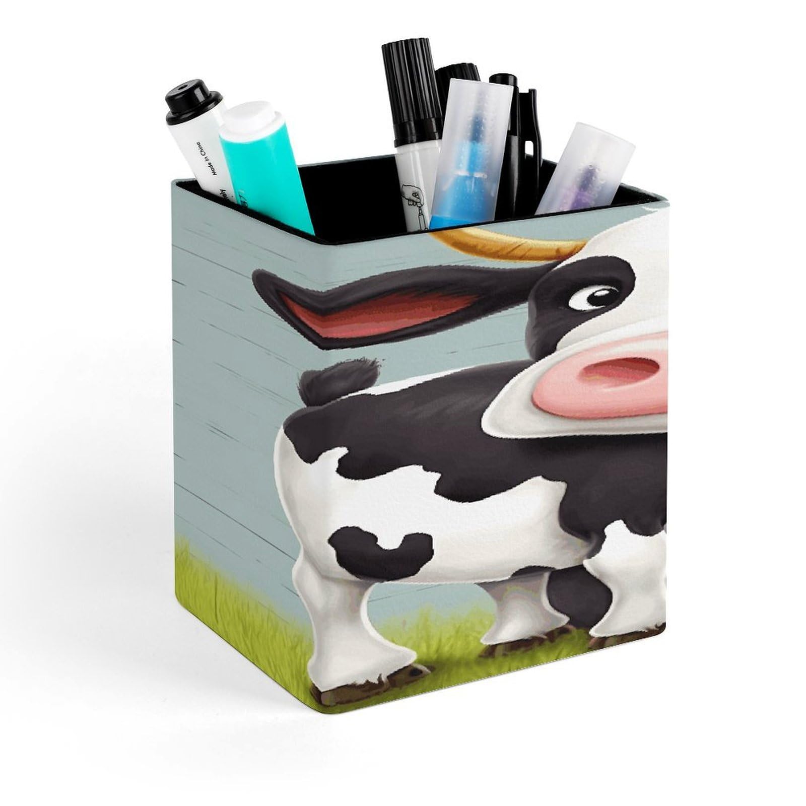 JTREHY Cute Cow Pen Holder Square Pen Pencil Holder Makeup Brush Holders Cup PU Leather Pencil Cups Desktop Caddy Stationery Organizer Case Office Accessories Container Box