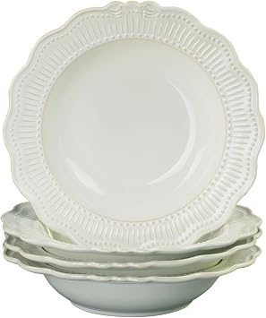 Ceramic soup bowl and pasta plate set 4 pieces 10.1 oz. Embossed soup bowl, porcelain wide-rimmed pasta plate, vintage cream-style plate, microwave and dishwasher safe