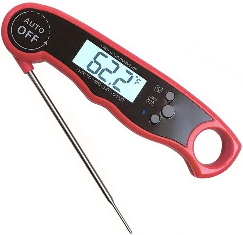 Digital Meat Thermometer, Waterproof Instant Read Food Thermometer Magnet BBQ Grill Baking Cooking Probe with Calibration and Backlit (Red)