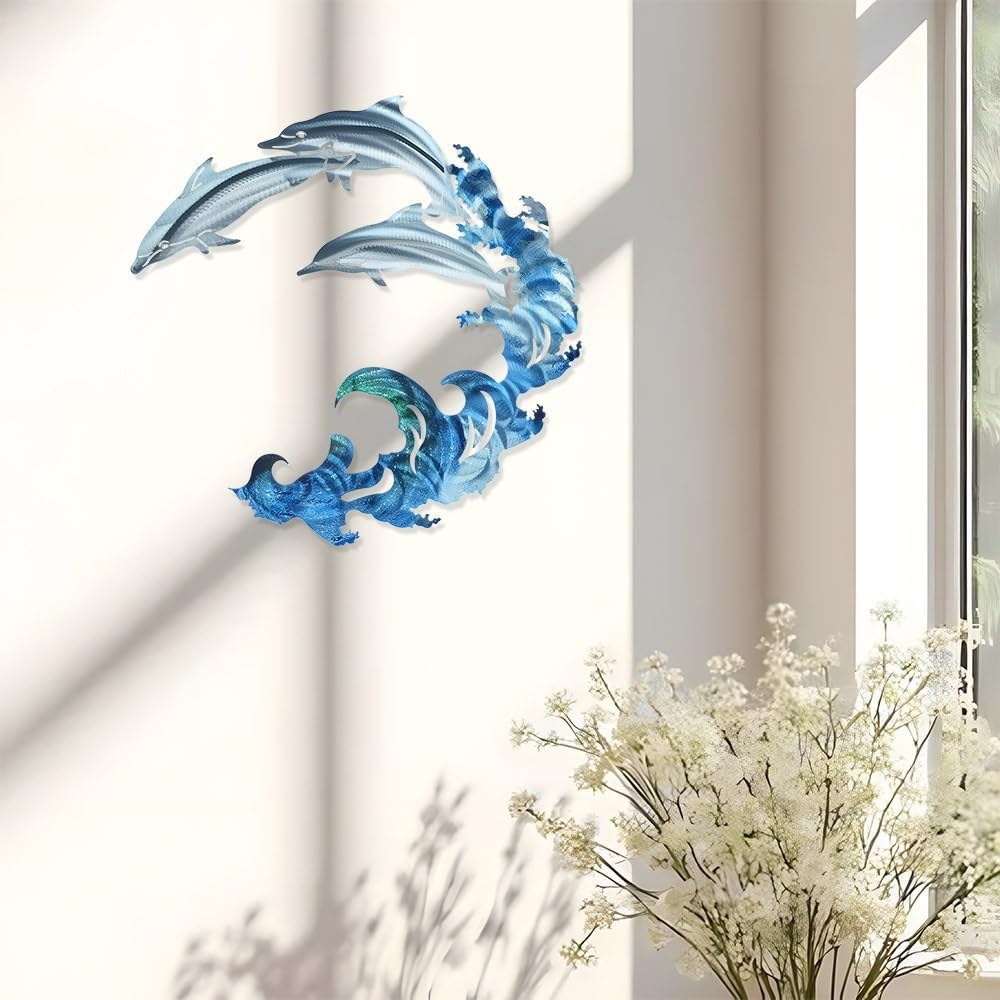 WPCJREU Metal Dolphin Wall Art Decor - Leaping Dolphin with Ocean Wave Sculpture, Indoor/Outdoor Weather-Resistant Iron Sign Plaque for Home Living Room, Bedroom, Kitchen, Garden & Patio