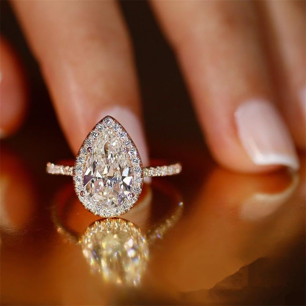 RKKOJJO 925 Sterling Silver Cubic Zirconia Ring Pear Diamond Ring Engagement Ring Wedding Band Rings for Women - Image 2